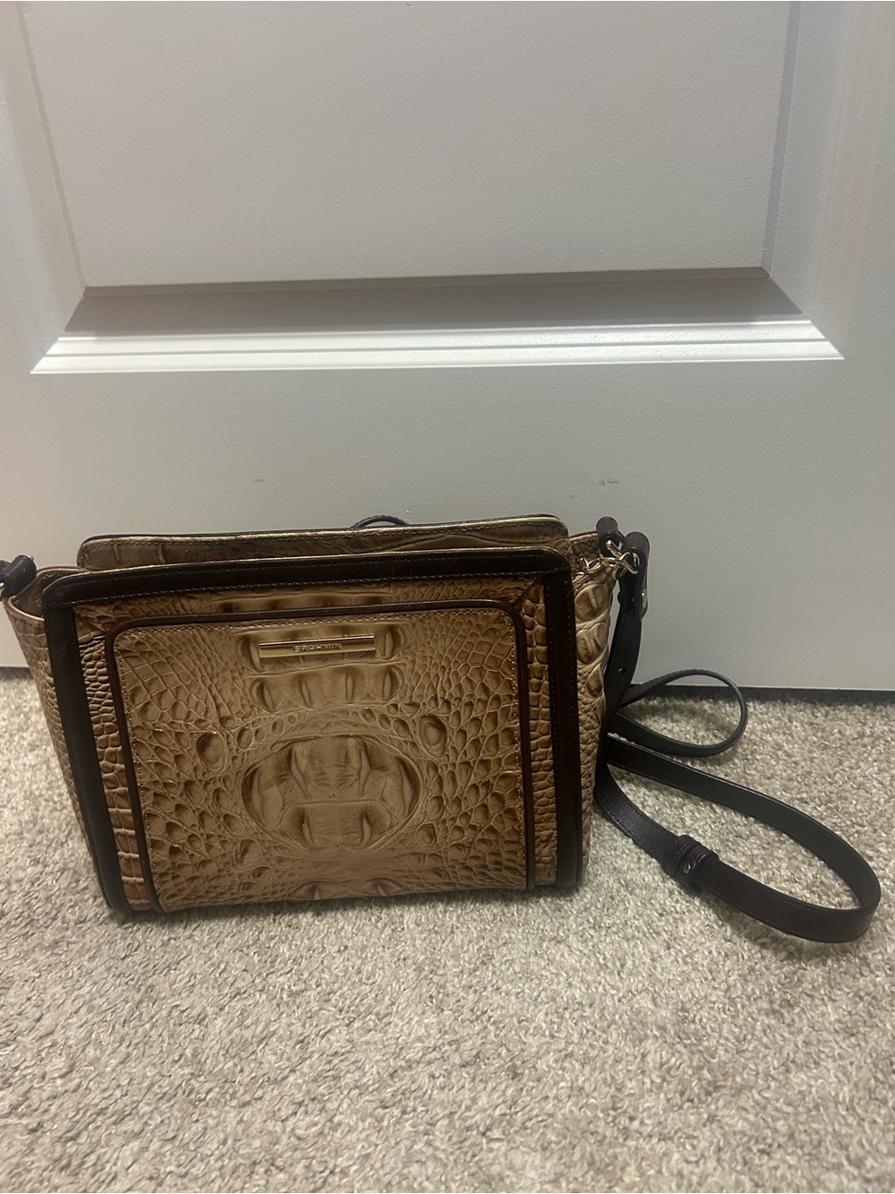Brahmin Tan Croc-Embossed Leather Crossbody with Dark Trim